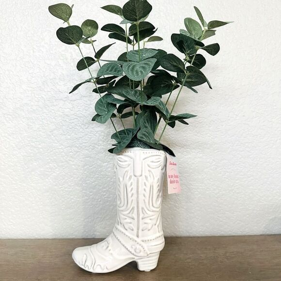Ceramic Western Boot Planter with Greenery Eucalyptus Plant - Picture 1 of 5